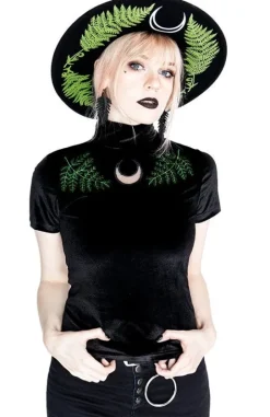 Czarny Top z Aksamitu haft paproć FERN VELVET TOP-Restyle Online