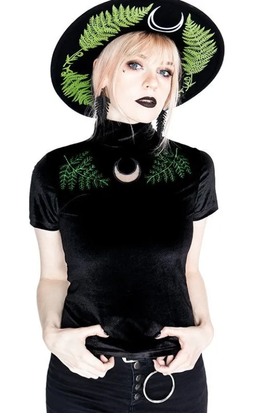 Czarny Top z Aksamitu haft paproć FERN VELVET TOP-Restyle Online