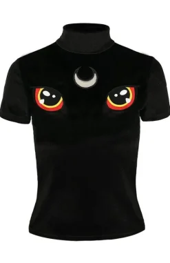 Czarny Top z Aksamitu haft kocie oczy I SEE YOU-Restyle Sale