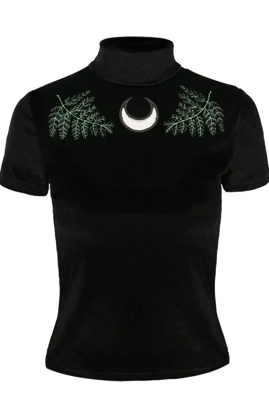 Czarny Top z Aksamitu haft paproć FERN VELVET TOP-Restyle Online