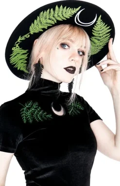 Czarny Top z Aksamitu haft paproć FERN VELVET TOP-Restyle Online