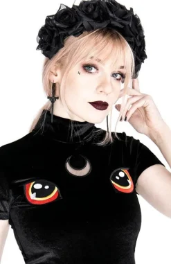 Czarny Top z Aksamitu haft kocie oczy I SEE YOU-Restyle Sale