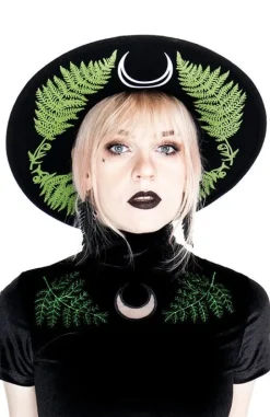 Czarny Top z Aksamitu haft paproć FERN VELVET TOP-Restyle Online