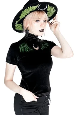 Czarny Top z Aksamitu haft paproć FERN VELVET TOP-Restyle Online