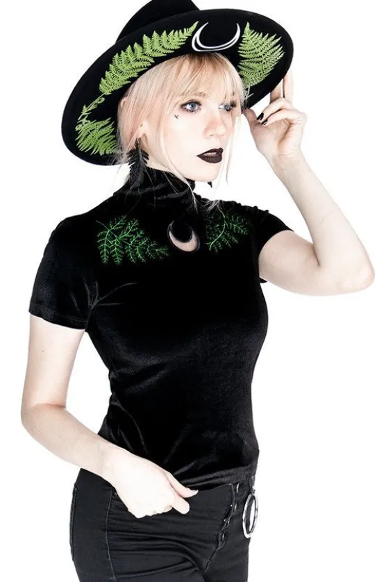 Czarny Top z Aksamitu haft paproć FERN VELVET TOP-Restyle Online