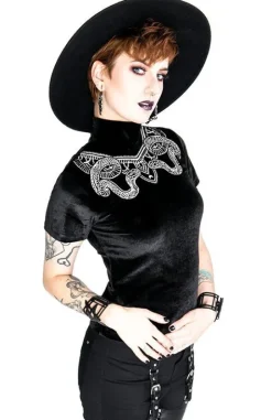 Czarny Top z Aksamitu z haftem węży SNAKE VELVET TOP-Restyle Hot