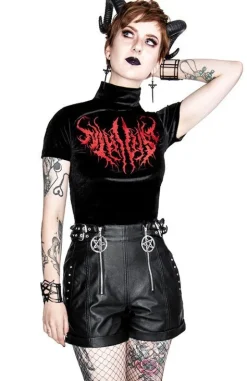 Czarny Top z Aksamitu z haftem NIHILIST VELVET TOP-Restyle Hot