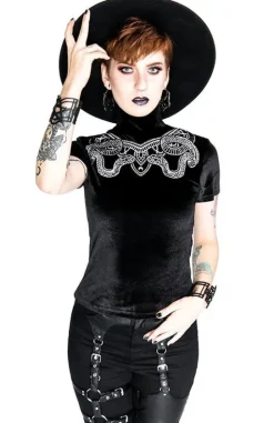Czarny Top z Aksamitu z haftem węży SNAKE VELVET TOP-Restyle Hot