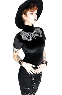 Czarny Top z Aksamitu z haftem węży SNAKE VELVET TOP-Restyle Hot