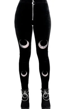 DOUBLE CRESCENT VELVET LEGGINGS, czarne gotyckie legginsy z półksiężycem-Restyle Discount