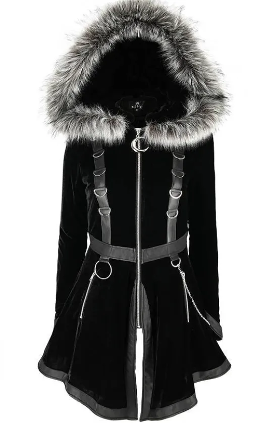 D-ring Coat Gray Czarny Zimowy płaszcz z kapturem ze srebrnym futrem-Restyle Sale
