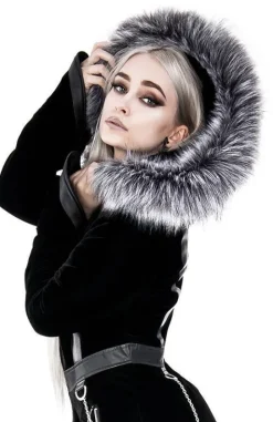 D-ring Coat Gray Czarny Zimowy płaszcz z kapturem ze srebrnym futrem-Restyle Sale