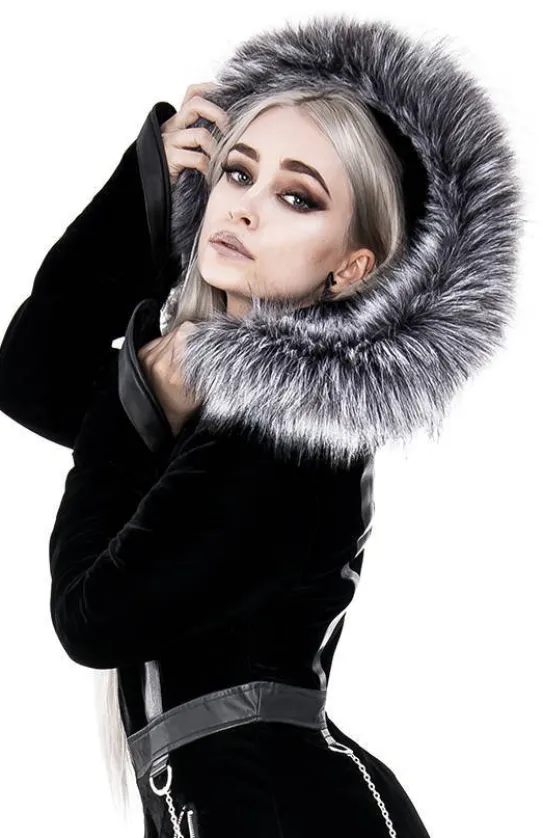 D-ring Coat Gray Czarny Zimowy płaszcz z kapturem ze srebrnym futrem-Restyle Sale