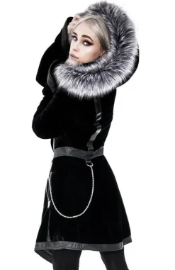 D-ring Coat Gray Czarny Zimowy płaszcz z kapturem ze srebrnym futrem-Restyle Sale