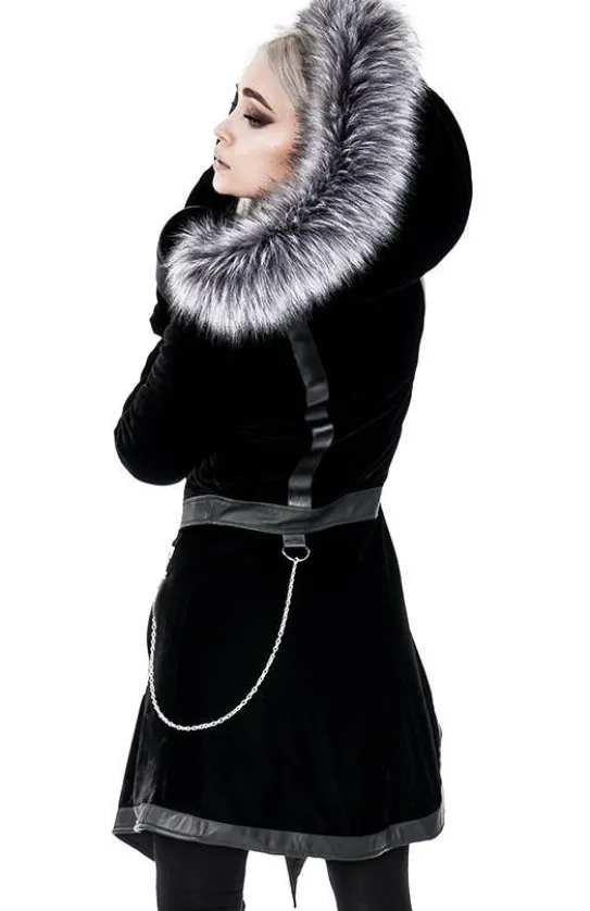 D-ring Coat Gray Czarny Zimowy płaszcz z kapturem ze srebrnym futrem-Restyle Sale