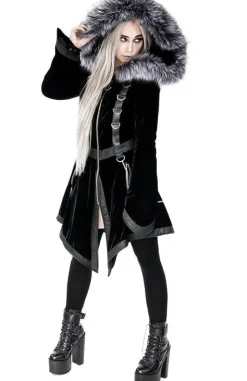 D-ring Coat Gray Czarny Zimowy płaszcz z kapturem ze srebrnym futrem-Restyle Sale