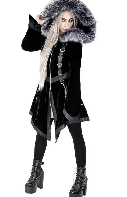 D-ring Coat Gray Czarny Zimowy płaszcz z kapturem ze srebrnym futrem-Restyle Sale