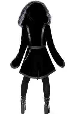 D-ring Coat Gray Czarny Zimowy płaszcz z kapturem ze srebrnym futrem-Restyle Sale