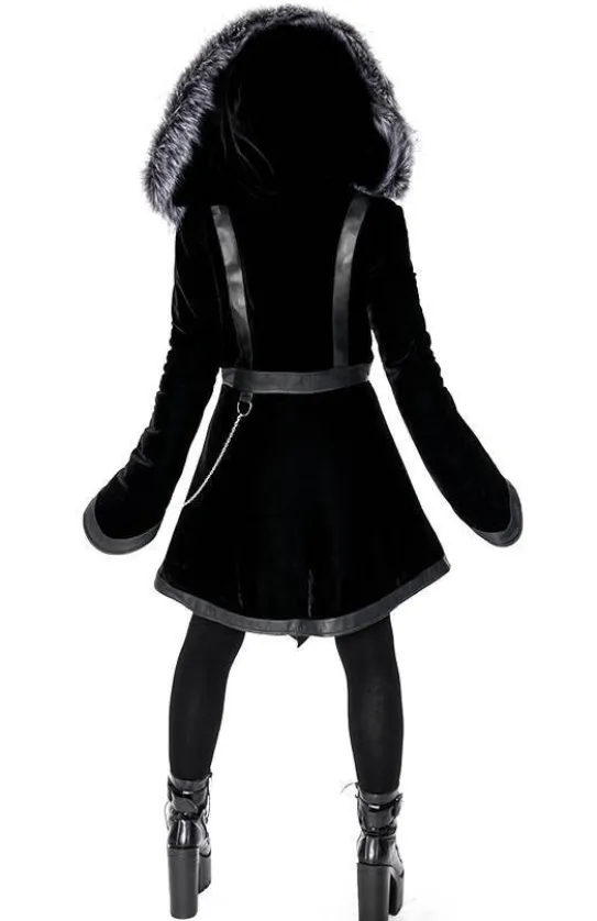 D-ring Coat Gray Czarny Zimowy płaszcz z kapturem ze srebrnym futrem-Restyle Sale