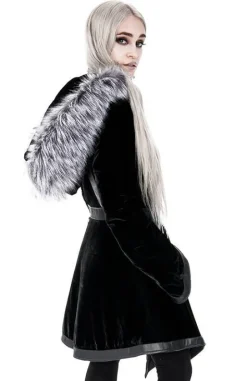 D-ring Coat Gray Czarny Zimowy płaszcz z kapturem ze srebrnym futrem-Restyle Sale