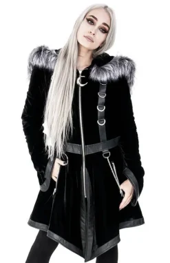 D-ring Coat Gray Czarny Zimowy płaszcz z kapturem ze srebrnym futrem-Restyle Sale