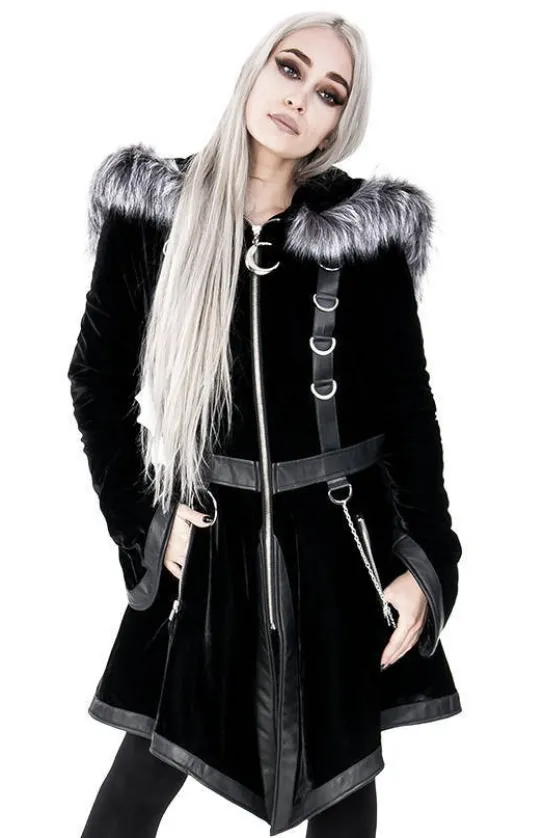 D-ring Coat Gray Czarny Zimowy płaszcz z kapturem ze srebrnym futrem-Restyle Sale