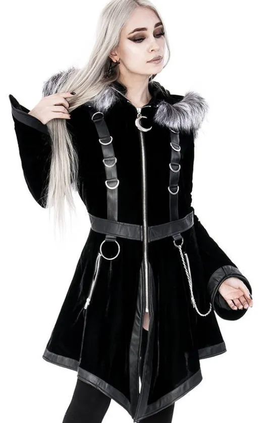 D-ring Coat Gray Czarny Zimowy płaszcz z kapturem ze srebrnym futrem-Restyle Sale