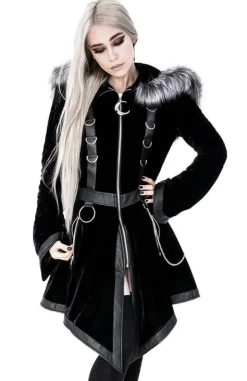 D-ring Coat Gray Czarny Zimowy płaszcz z kapturem ze srebrnym futrem-Restyle Sale