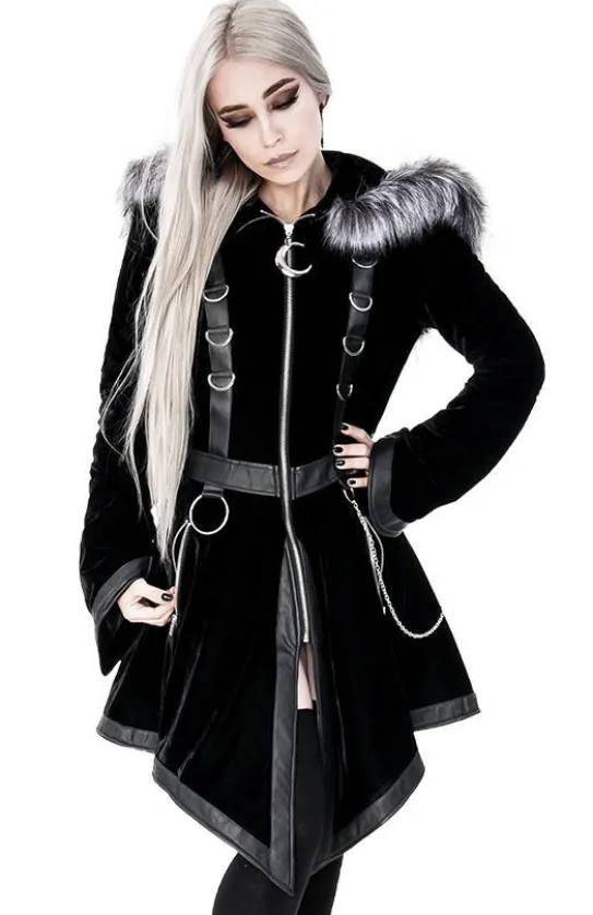 D-ring Coat Gray Czarny Zimowy płaszcz z kapturem ze srebrnym futrem-Restyle Sale