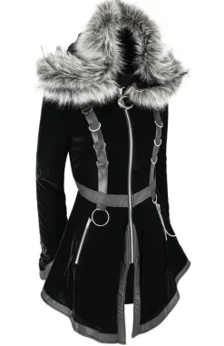 D-ring Coat Gray Czarny Zimowy płaszcz z kapturem ze srebrnym futrem-Restyle Sale