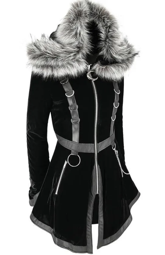 D-ring Coat Gray Czarny Zimowy płaszcz z kapturem ze srebrnym futrem-Restyle Sale