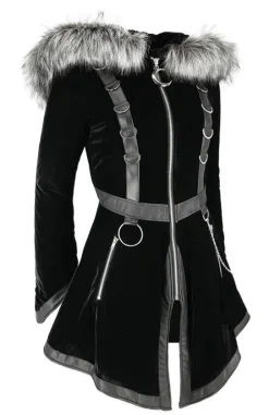 D-ring Coat Gray Czarny Zimowy płaszcz z kapturem ze srebrnym futrem-Restyle Sale