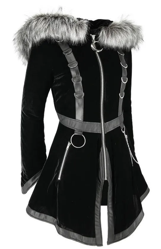 D-ring Coat Gray Czarny Zimowy płaszcz z kapturem ze srebrnym futrem-Restyle Sale