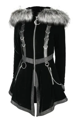D-ring Coat Gray Czarny Zimowy płaszcz z kapturem ze srebrnym futrem-Restyle Sale