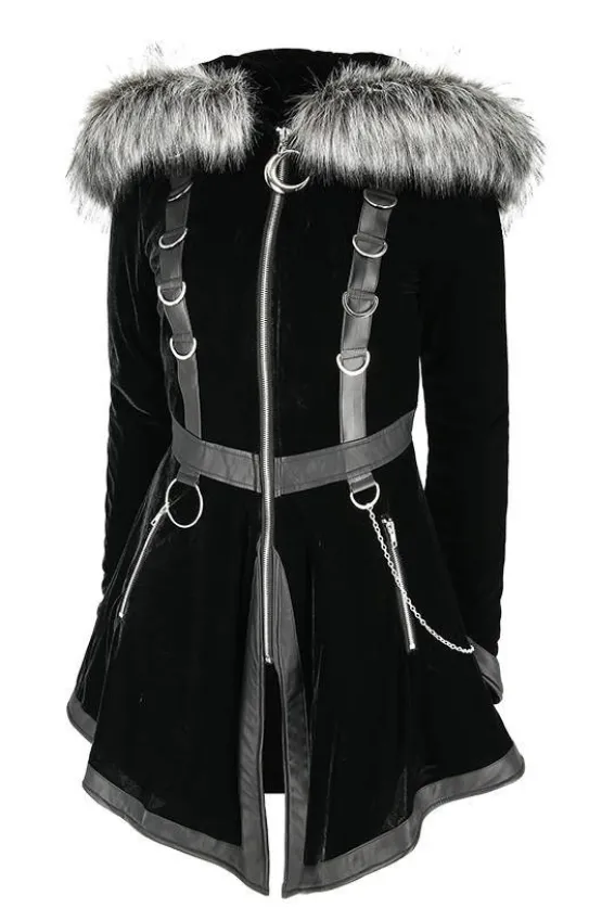 D-ring Coat Gray Czarny Zimowy płaszcz z kapturem ze srebrnym futrem-Restyle Sale