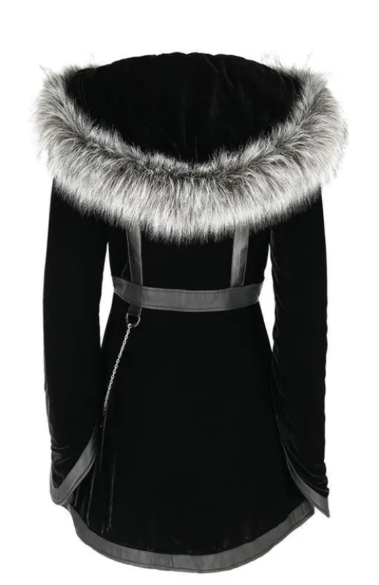 D-ring Coat Gray Czarny Zimowy płaszcz z kapturem ze srebrnym futrem-Restyle Sale