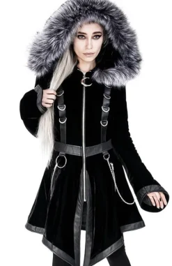 D-ring Coat Gray Czarny Zimowy płaszcz z kapturem ze srebrnym futrem-Restyle Sale