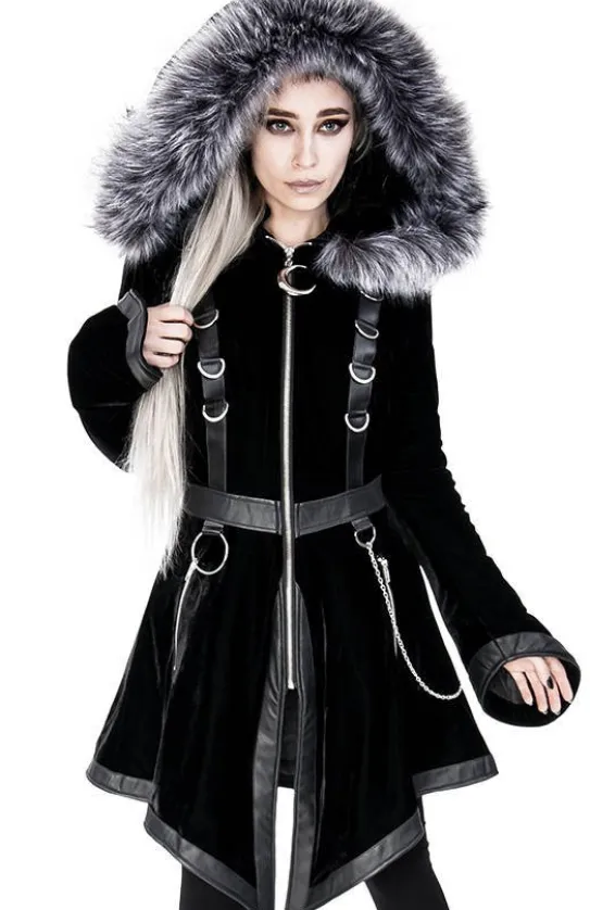 D-ring Coat Gray Czarny Zimowy płaszcz z kapturem ze srebrnym futrem-Restyle Sale