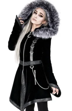 D-ring Coat Gray Czarny Zimowy płaszcz z kapturem ze srebrnym futrem-Restyle Sale