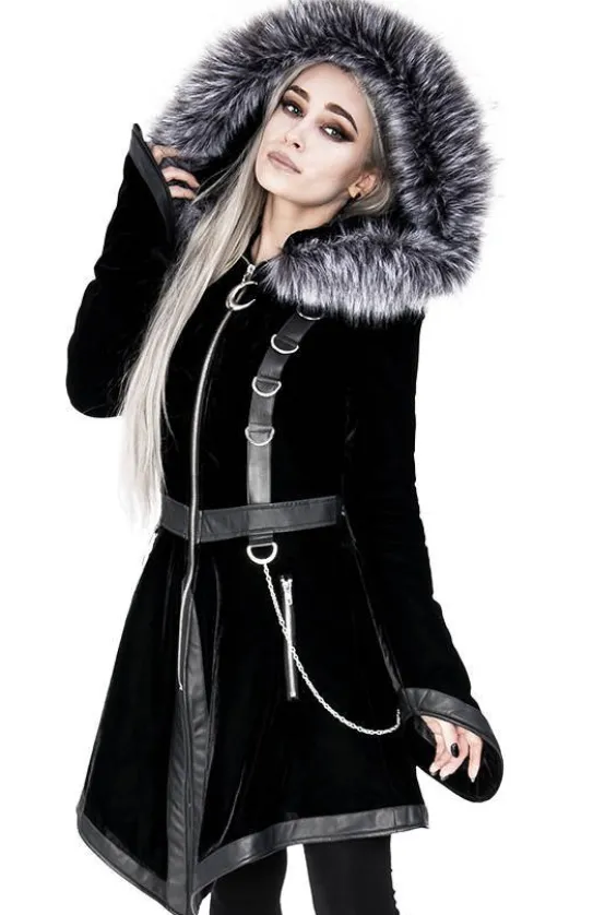D-ring Coat Gray Czarny Zimowy płaszcz z kapturem ze srebrnym futrem-Restyle Sale