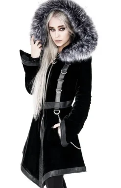 D-ring Coat Gray Czarny Zimowy płaszcz z kapturem ze srebrnym futrem-Restyle Sale