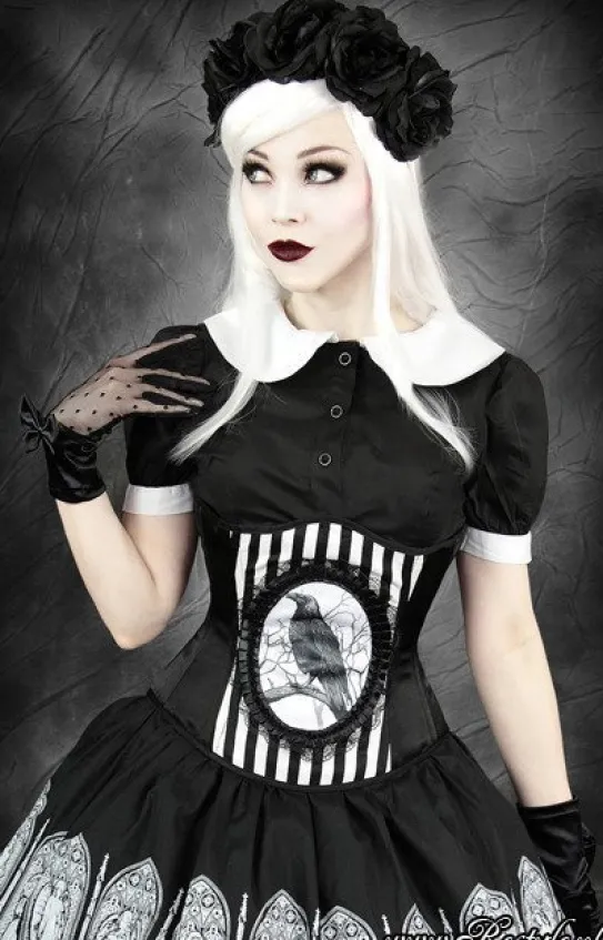 Gorset w stylu gotyckim z krukiem, w paski, underbust „FANTASY RAVEN”-Restyle Hot