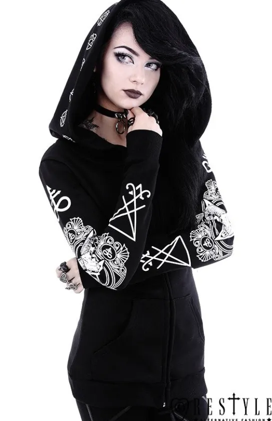 Gotycka bluza, Czaszka kozła, pentagramy, obszerny kaptur "RITUAL HOODIE"-Restyle Clearance