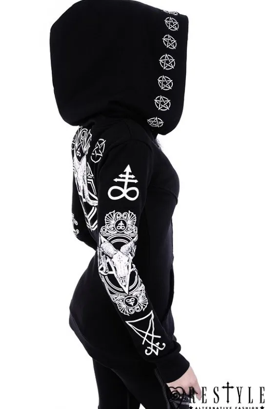 Gotycka bluza, Czaszka kozła, pentagramy, obszerny kaptur "RITUAL HOODIE"-Restyle Clearance