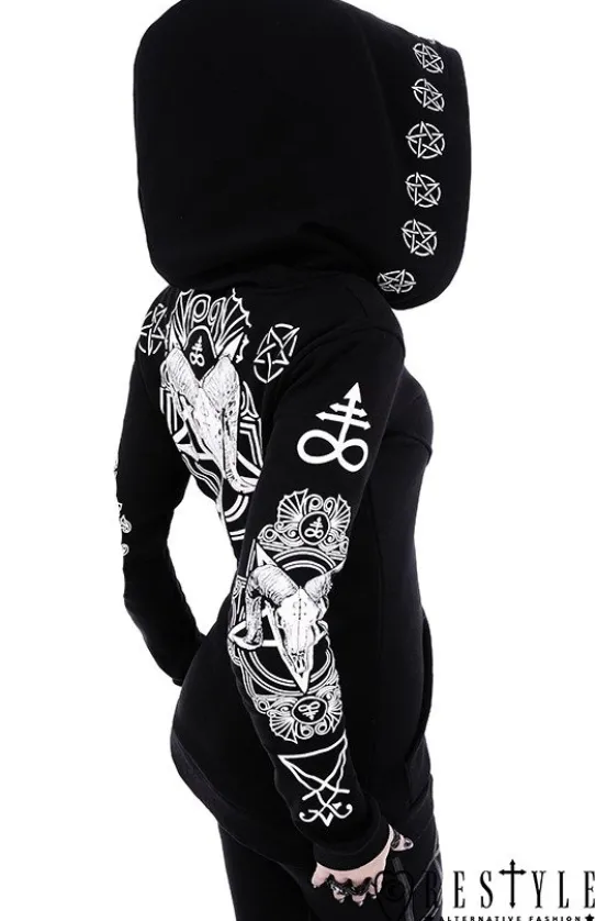 Gotycka bluza, Czaszka kozła, pentagramy, obszerny kaptur "RITUAL HOODIE"-Restyle Clearance