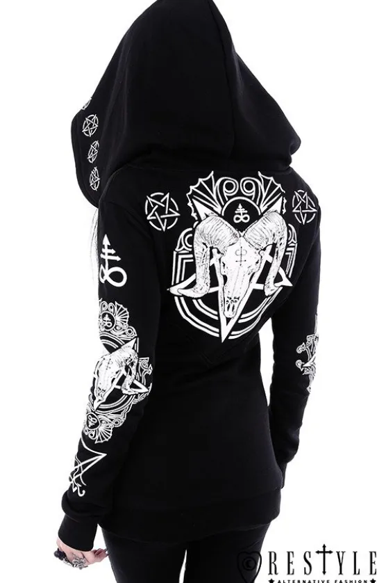 Gotycka bluza, Czaszka kozła, pentagramy, obszerny kaptur "RITUAL HOODIE"-Restyle Clearance
