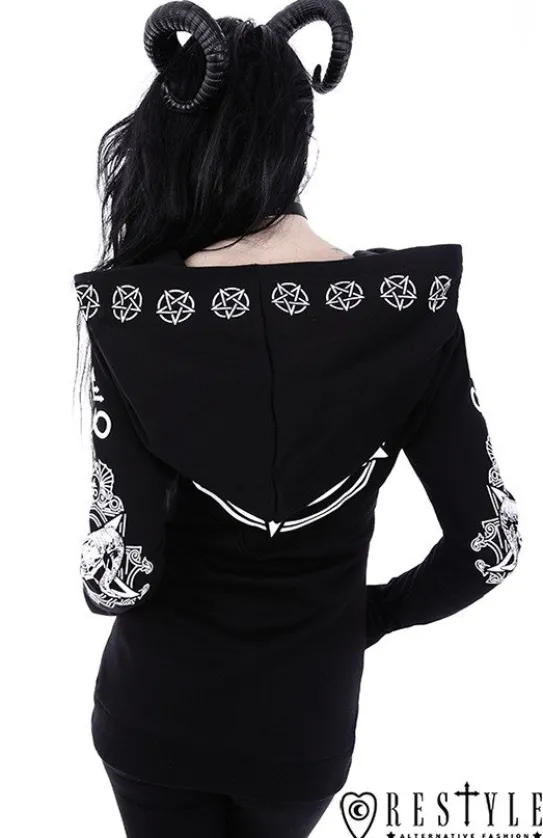 Gotycka bluza, Czaszka kozła, pentagramy, obszerny kaptur "RITUAL HOODIE"-Restyle Clearance