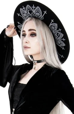 Gotycki Czarny kapelusz wełna FORTUNE TELLER szerokim rondem-Restyle Best