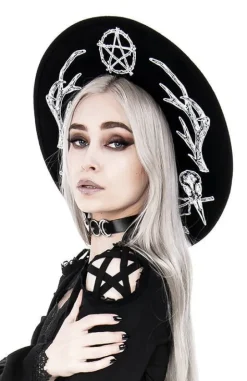 Gotycki Czarny kapelusz z dużym rondem wełna ANTLERS-Restyle New