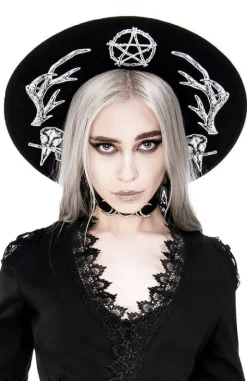 Gotycki Czarny kapelusz z dużym rondem wełna ANTLERS-Restyle New